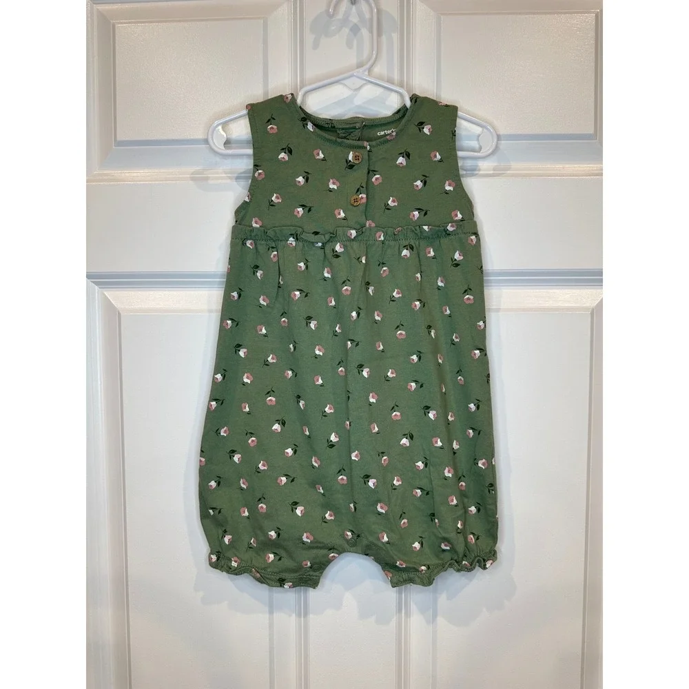 Carters Baby Girls Green Floral Romper‎ Jumpsuit Outfit Size 24 Months